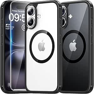 تاوري جراب مغناطيسي لموبايل ايفون 16 6.1 بوصة مع واقي شاشة، متوافق مع ماج سيف، حماية من الدرجة العسكرية، [مضاد للاصفرار] غطاء جوال مغناطيسي شفاف مضاد للصدمات - اسود