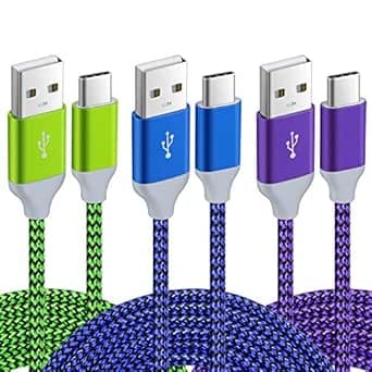 كيبل شحن سريع USB من النوع C نايلون بتصميمٍ مجدول بطول 10 قدم من بوفيسون متوافق مع سامسونج جالكسي اس 10 اس 9 اس 8 نوت 9 نوت 8 بلس، في 30 جي 6 جي 5 فى 20 وغيرها - 3 قطع - ازرق، اخضر، ارجواني