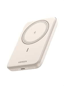 يوجرين ماج سيف باور بانك 5000mAh ، شاحن أيفون لاسلكي مع كابل USB C محمول شحن سريع حزمة بطارية لسلسلة أيفون16 - 15 - 14 - 13 - 12 سامسونج إلخ - أبيض