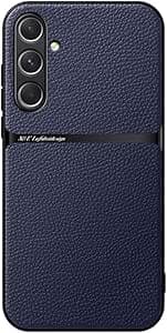 كيبوش جراب متوافق مع سامسونج جالاكسي S24 - حامل مغناطيسي من حبوب الليتشي مع لوحة معدنية مدمجة، غطاء ممتص للصدمات - ازرق