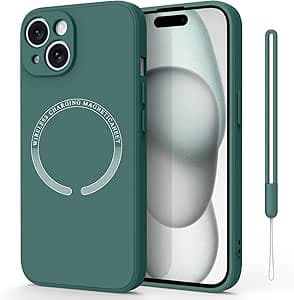 جراب مغناطيسي لموبايل ايفون 15 (متوافق مع ماج سيف) (حماية من السقوط من الدرجة العسكرية) جراب سيليكون سائل ناعم مصمم لموبايل ايفون 15 (اخضر داكن)