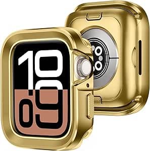 جراب معدني متين 2 في 1 متوافق مع ساعة ابل سلسلة 11/10 مقاس 46 ملم من الالومنيوم مقاوم للصدمات متوافق مع ساعة اي ووتش 46 ملم، ذهبي من اميزي