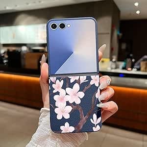 Compatible with Samsung Galaxy Z Flip 3 Lmitation Litchi Grain Leather Pattern Case,Cute Peach Blossom Pattern Soft TPU Slim Fit-Drop Shockproof Camera Bump Frame Protective Cover,Blue