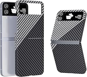 جراب رفيع للغاية وخفيف الوزن لهاتف سامسونج جالاكسي Z فليب 4 5G، مصنوع من الياف الكربون الفاخرة والبولي كربونات الهجين، حماية كاملة للجسم ومضاد للصدمات (ابيض واسود)