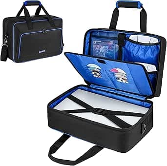 Carrying Case Compatible with PS5/PS5 Pro/PS4,17 Pockets Travel Storage Bag with Thick Padding Compatible with Playstation 5/PS5 Digital Edition,Controller,Game Discs,Charger & Accessories,Black,Blue